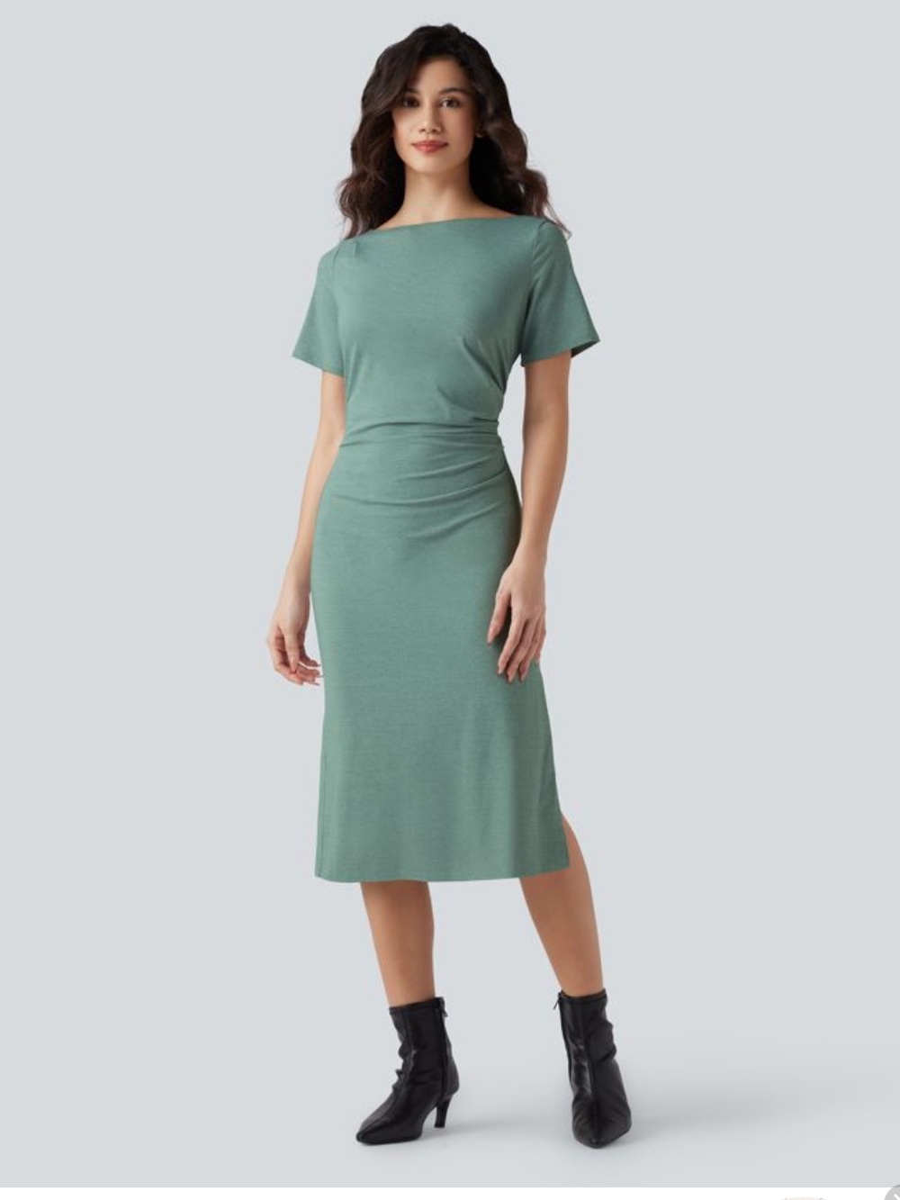 Sleek Sage Midi Dress with Side Drape